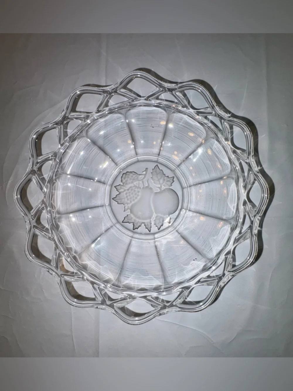 EUC Glass Fruit Bowl/Basket, Shallow, Basket-Weave Sides
